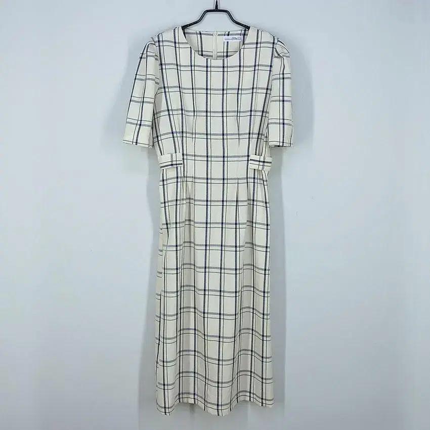 리리앤코 라운드넥 체크 반팔 롱원피스 라이트베이지 ( HU23067) 2