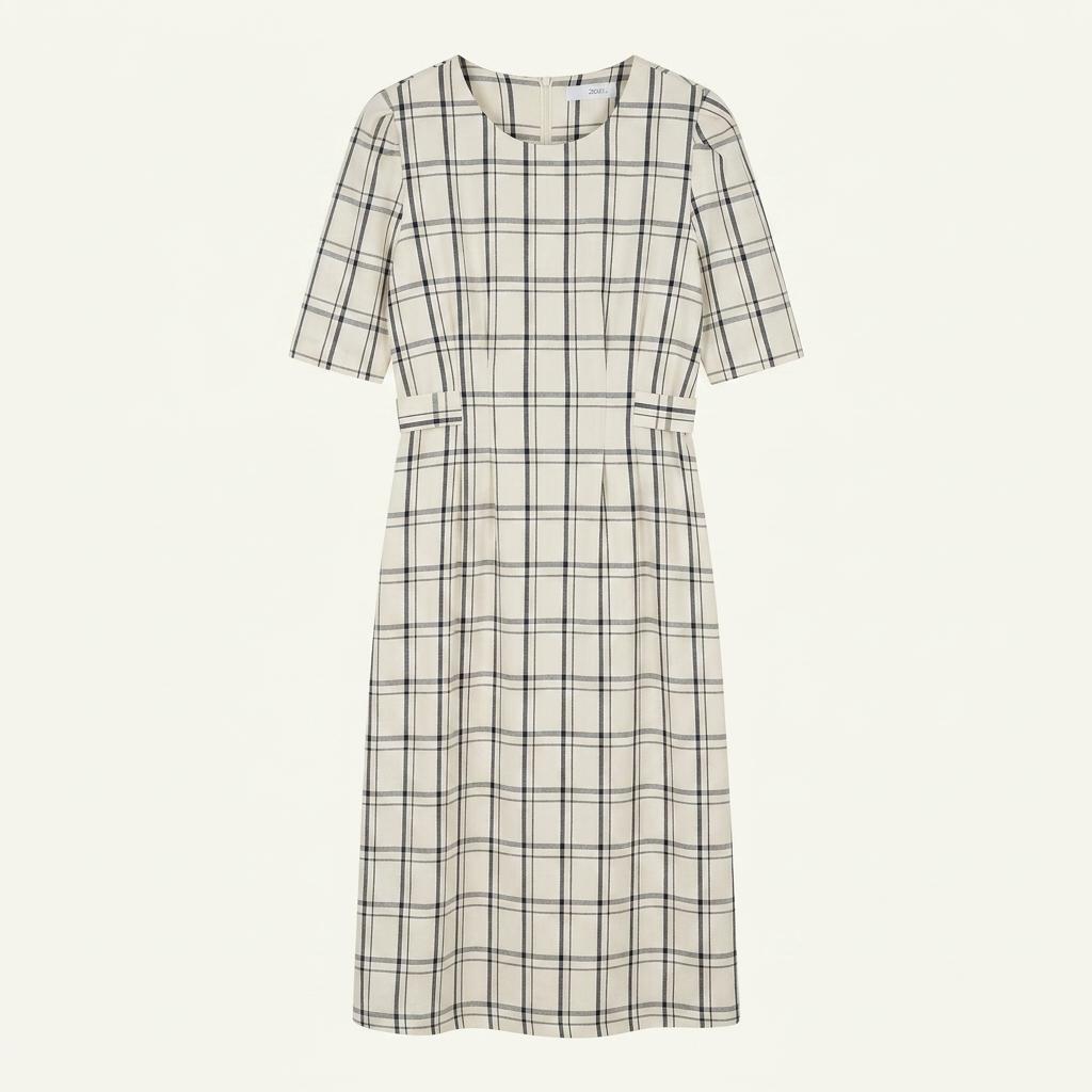 리리앤코 라운드넥 체크 반팔 롱원피스 라이트베이지 ( HU23067) 1
