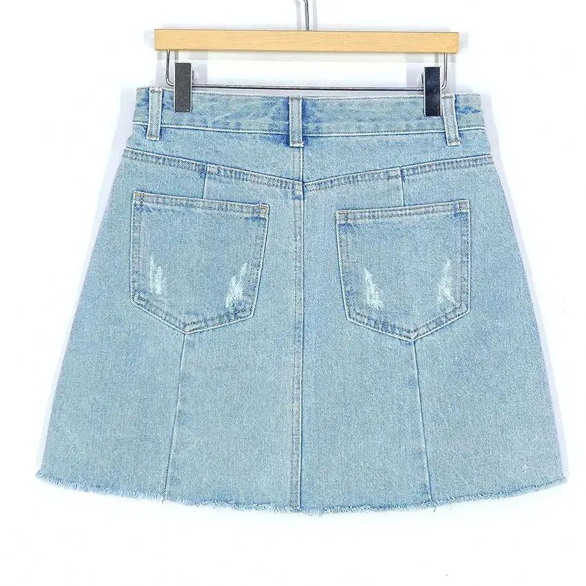 스코브데님워크숍 여 데미지 미니 데님스커트 연청 (HU31340) 3