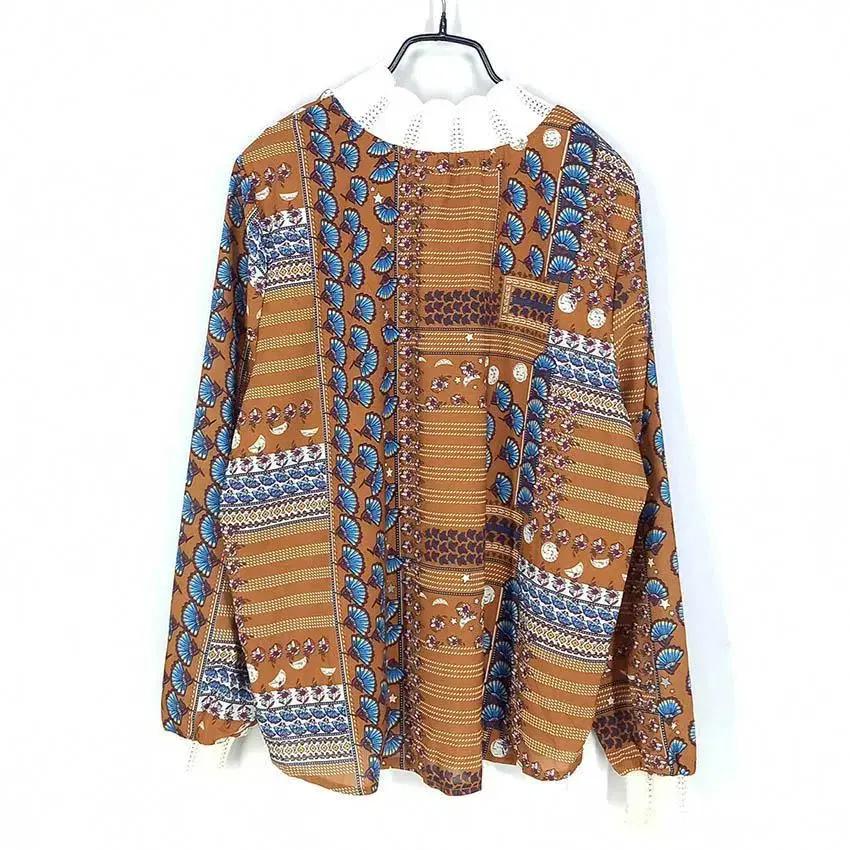 빈티지 여 프린팅 폴리 반목 블라우스 브라운 (HU29825) 3