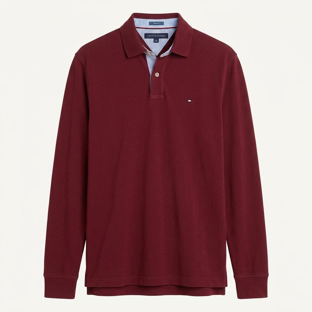 타미힐피거 남성 트림핏 체크라인 카라티 버건디 M (HU12226) 1