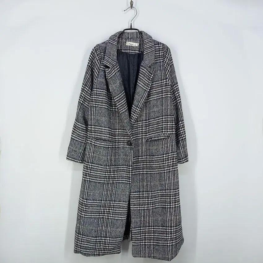 빈티지 여성 빅체크 심플 원버튼 롱 모직코트 블랙 (HU11442) 2
