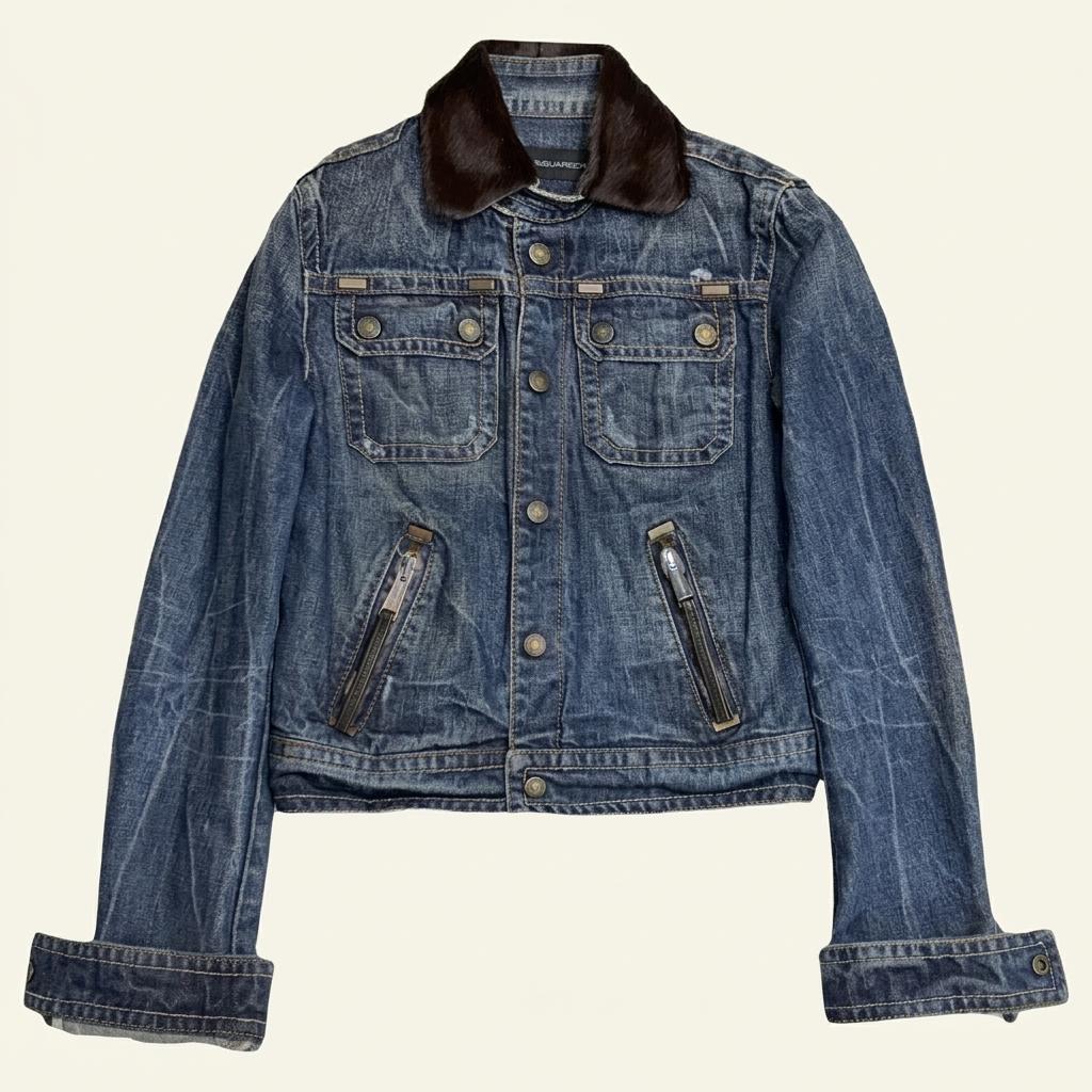 DSQUARED2 포니헤어 카라 크롭 클래식 데님자켓 38 1