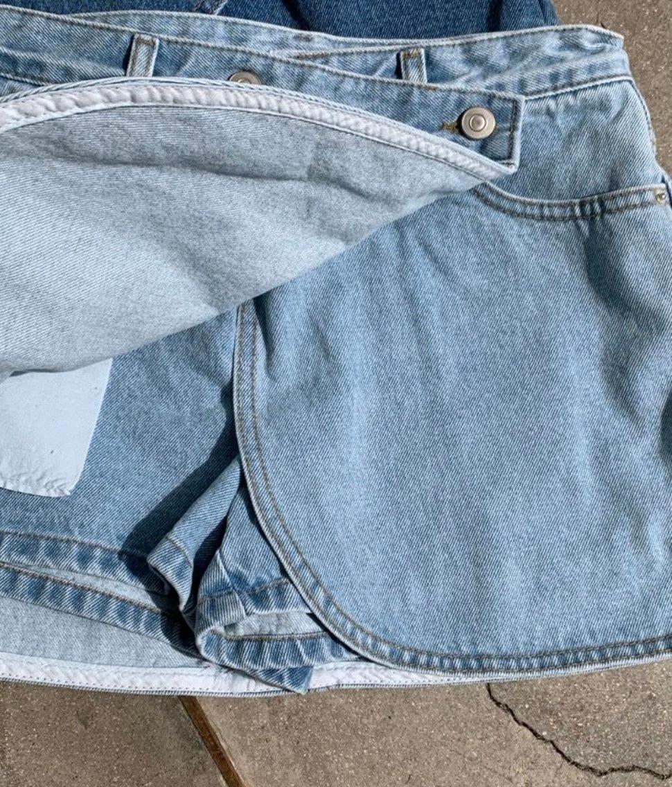 원버튼 데님 사선 레이어드 스커트 반바지 8