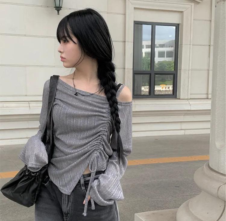 원오프 트임 셔링 긴팔 티셔츠 그레이 2