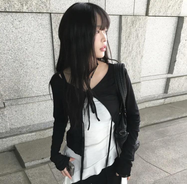카로 여리핏 리본 시스루 볼레로 가디건 블랙