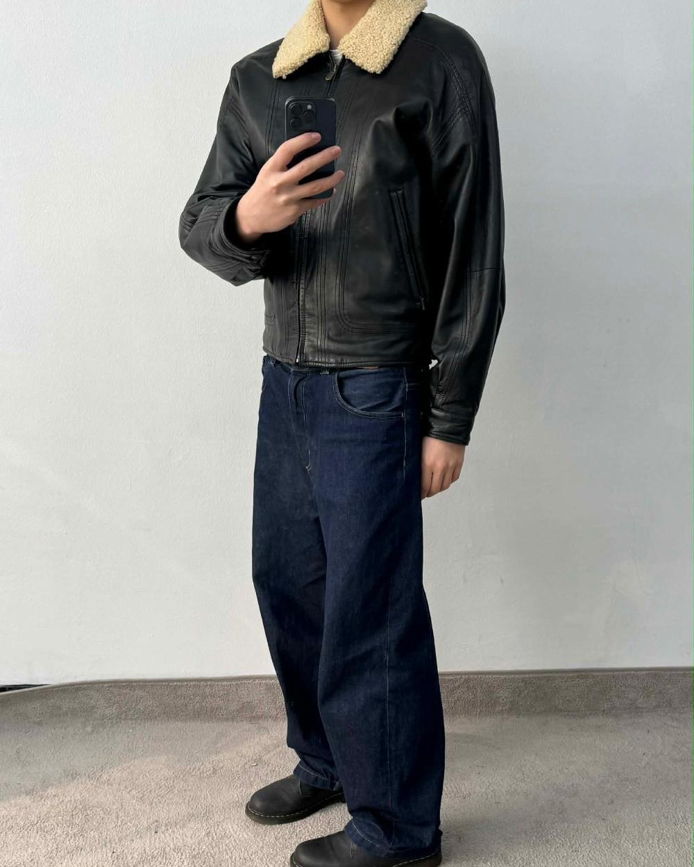 [105]Vintage Shearling Collar Leather Jacket 3