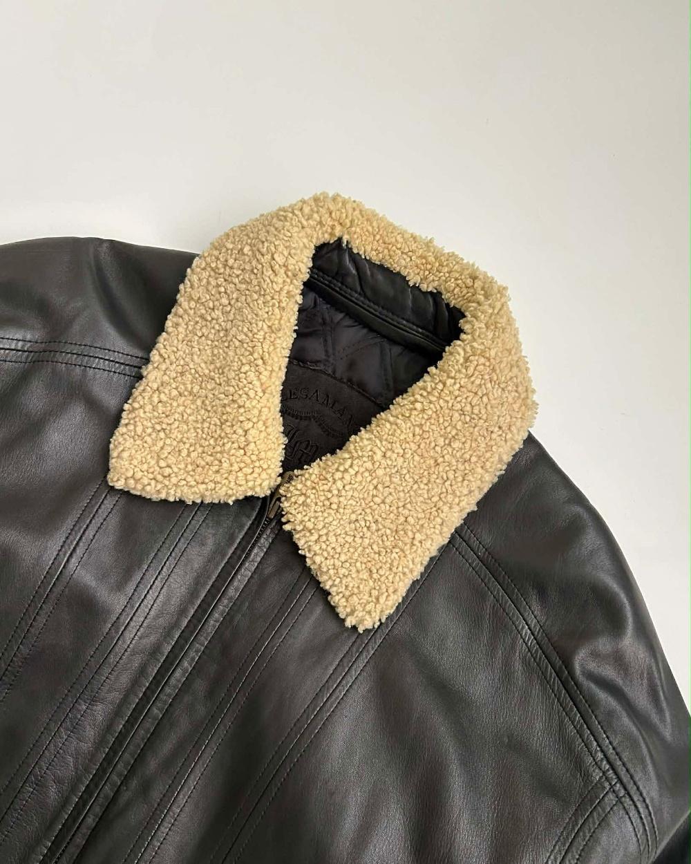 [105]Vintage Shearling Collar Leather Jacket 5