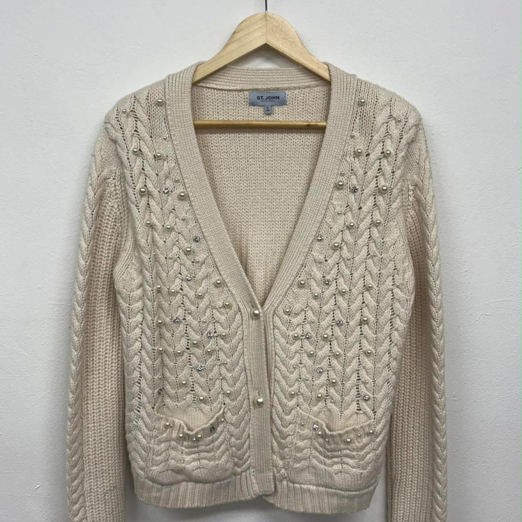 [S] ST. JOHN Blue Label Pearl Cable Knit Cardigan 2