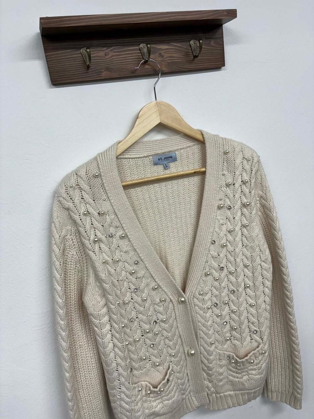 [S] ST. JOHN Blue Label Pearl Cable Knit Cardigan 5
