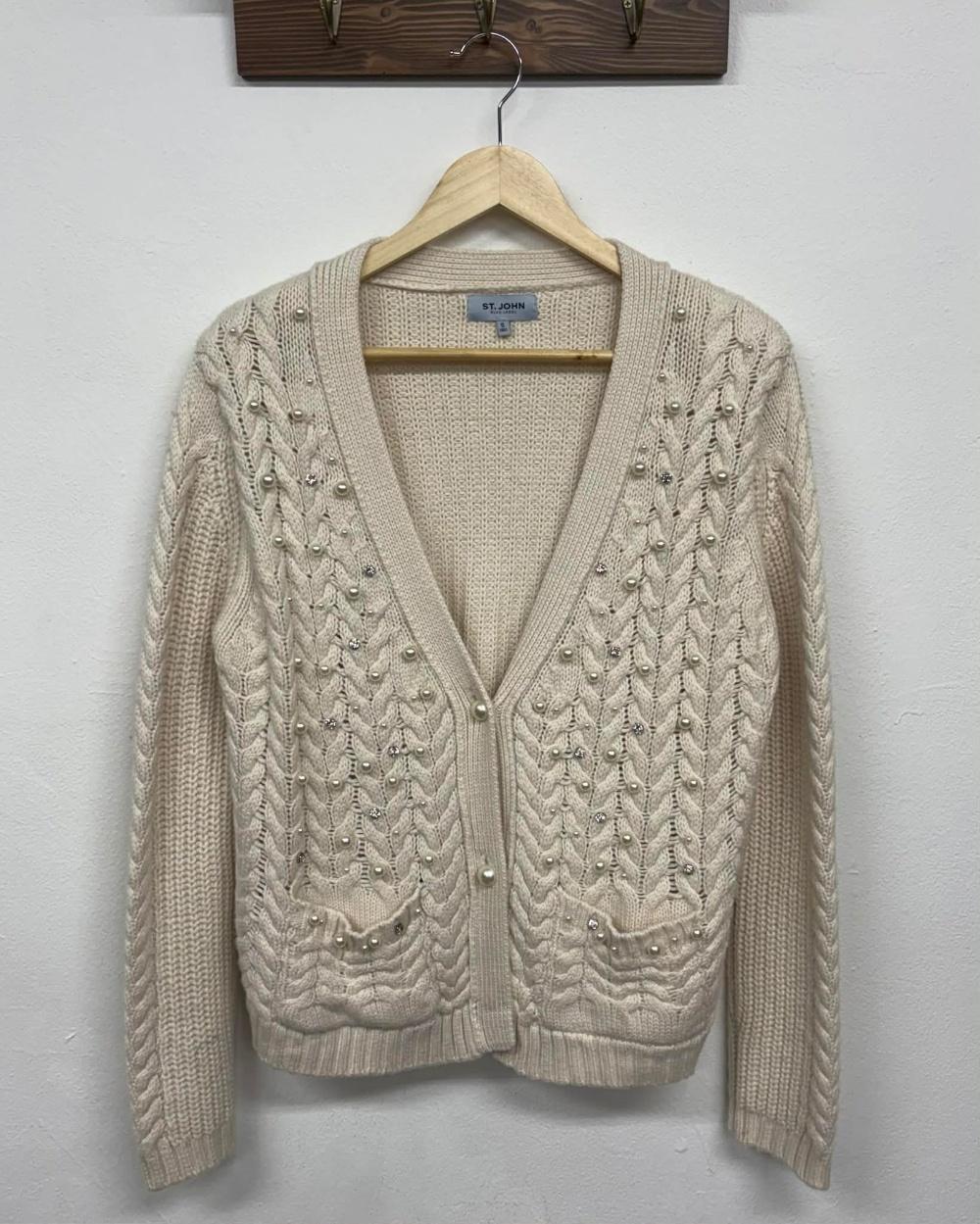 [S] ST. JOHN Blue Label Pearl Cable Knit Cardigan 3