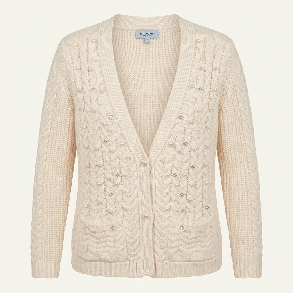 [S] ST. JOHN Blue Label Pearl Cable Knit Cardigan 1
