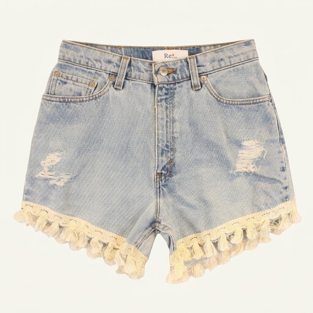 RE+PLUS lace fringe Denim shot pants 1