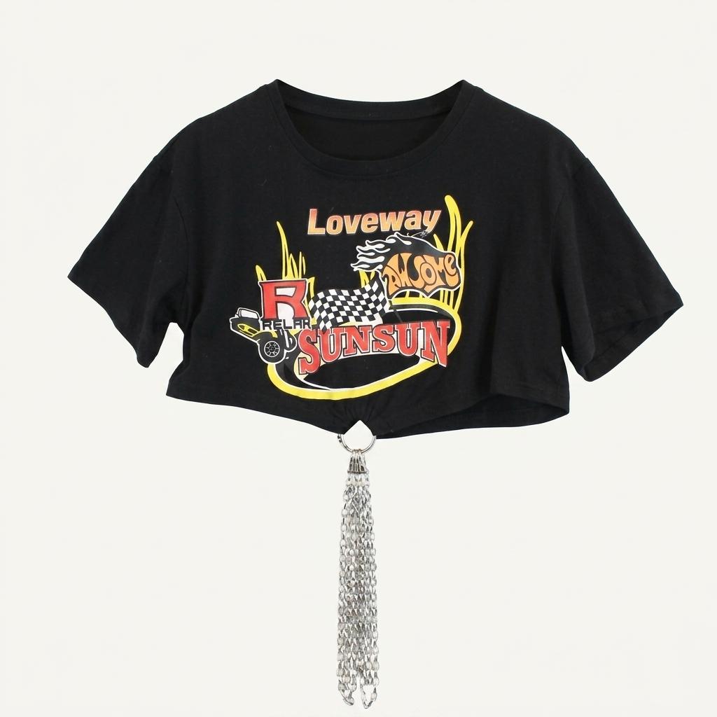 TYCHEZ VINTAGE chain layered crop t-shirt 1