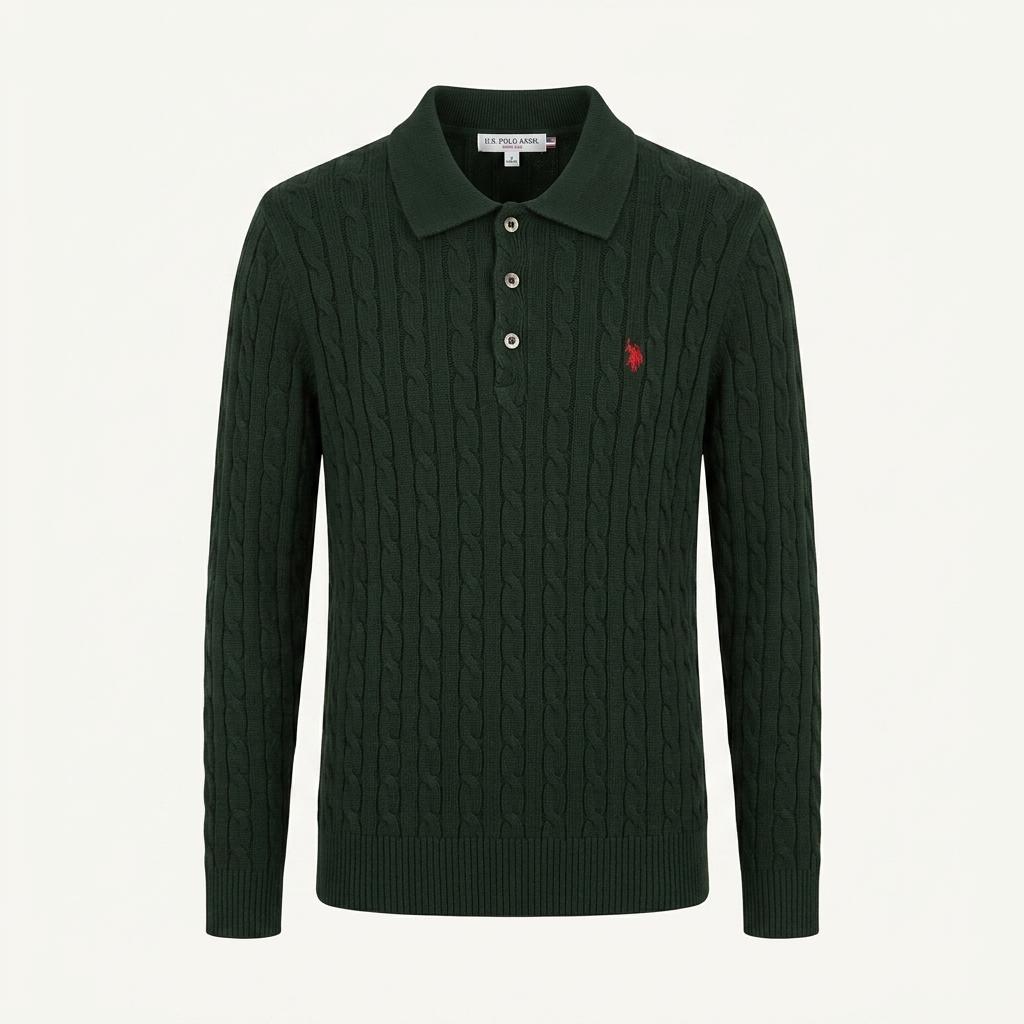 U.S. POLO ASSN. 케이블 카라 긴팔 니트 티셔츠 그린 1