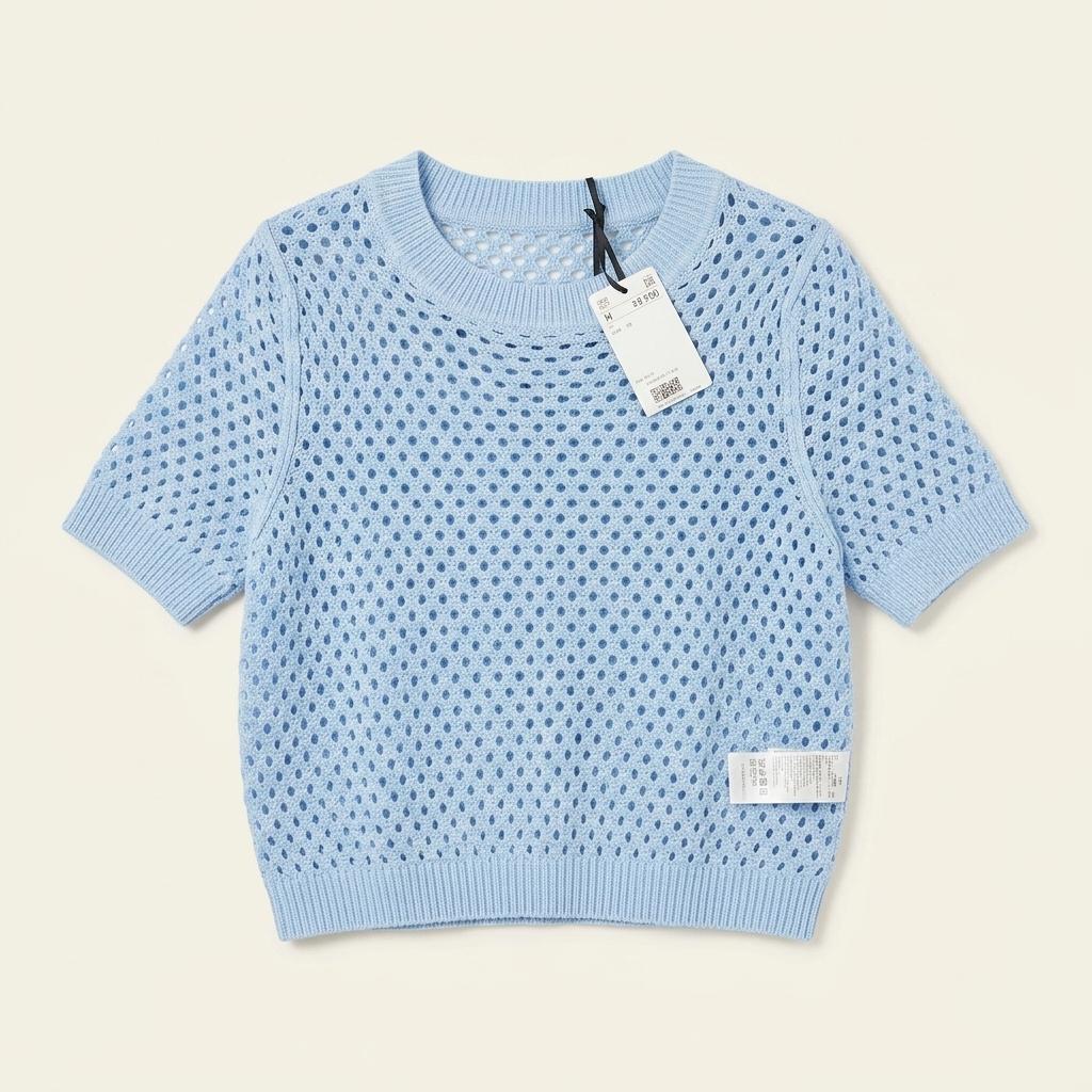 H&M 스카이 블루 크로셰 펀칭 니트 티셔츠