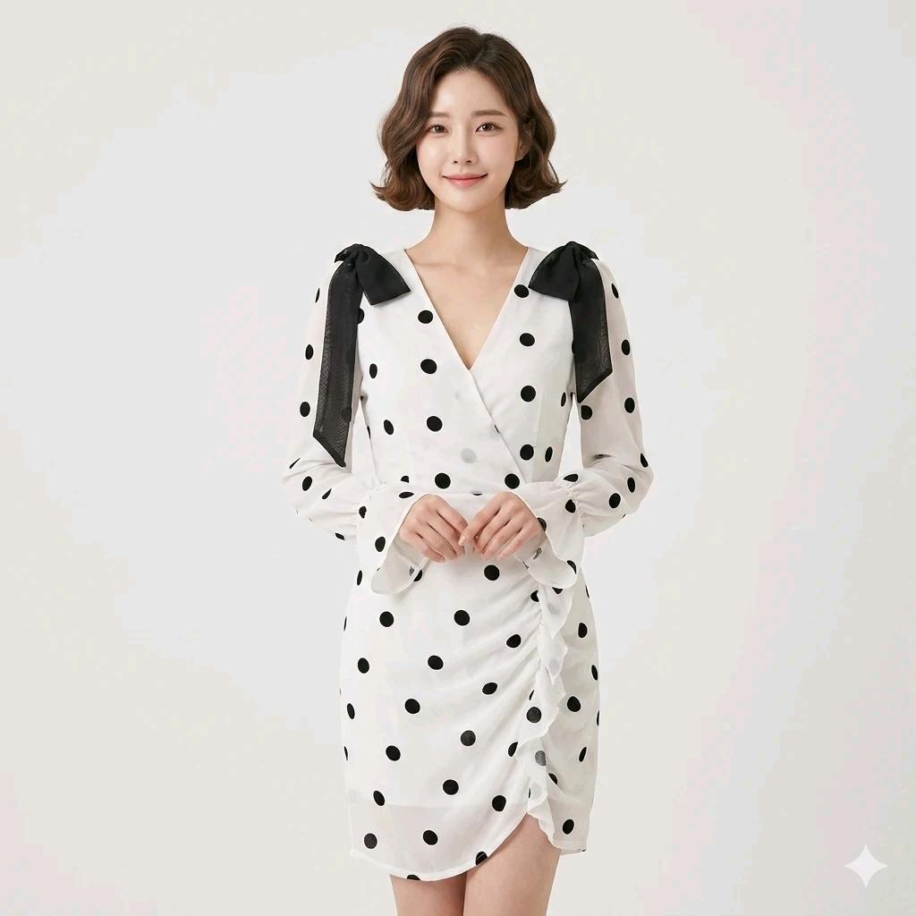 도트 숄더 리본 원피스 2
