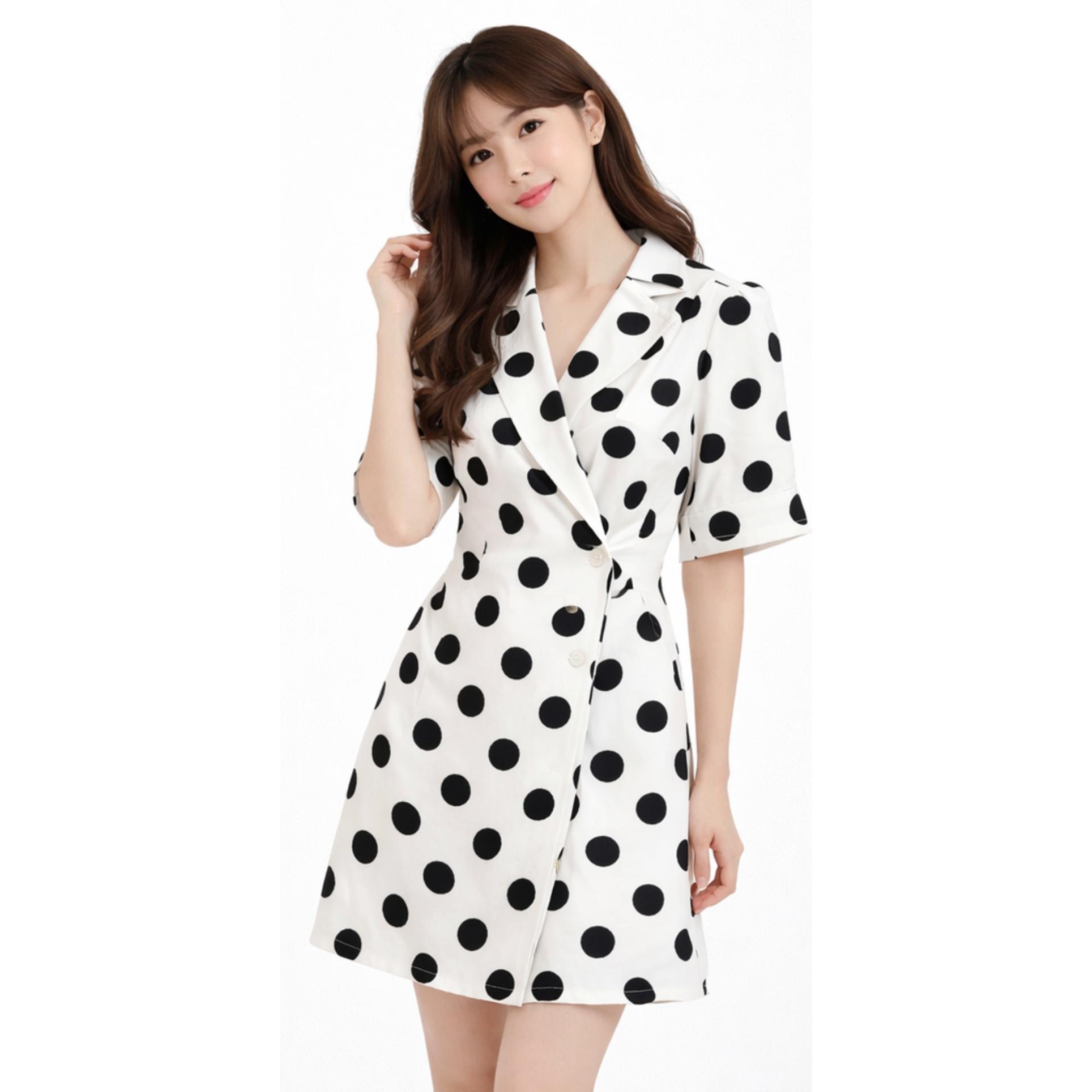 도트 쉬폰 카라 원피스(화이트) 2