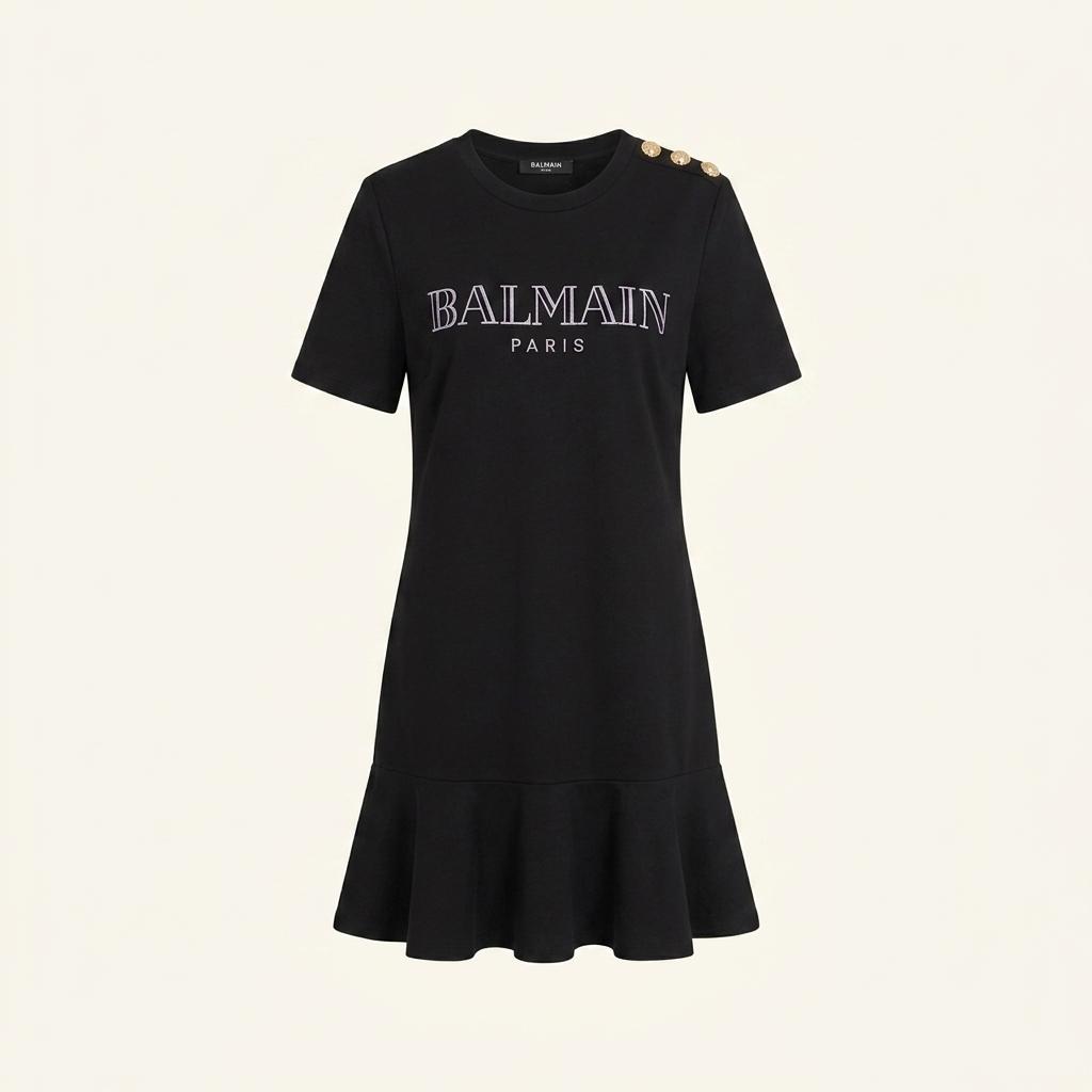 1회착용-발망(Balmain)의 블랙 로고 반팔 프릴 드레스 1