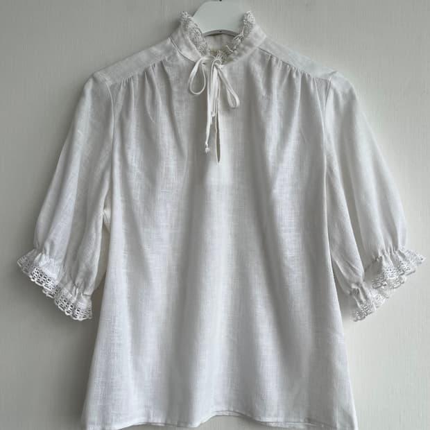 *SALE) 퓨어 레이스 리본넥 린넨 블라우스 2