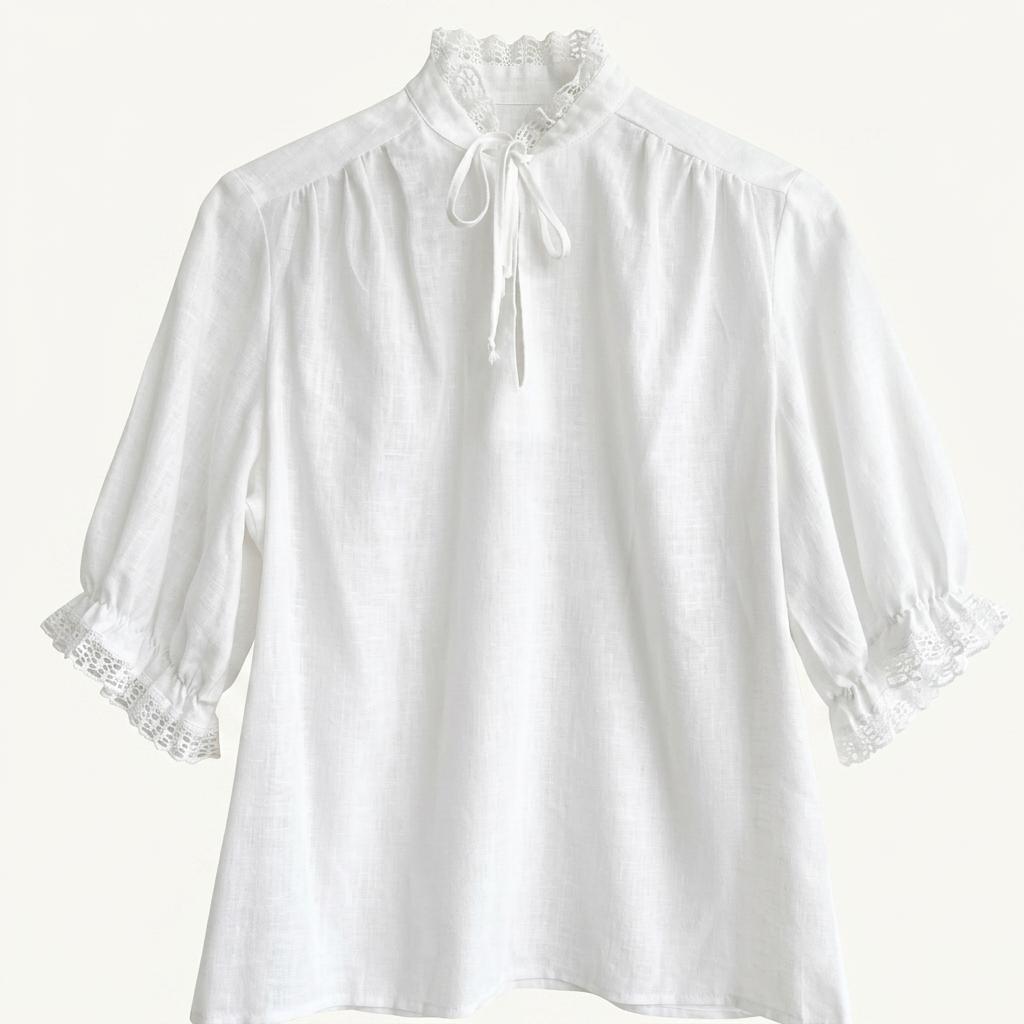 *SALE) 퓨어 레이스 리본넥 린넨 블라우스 1