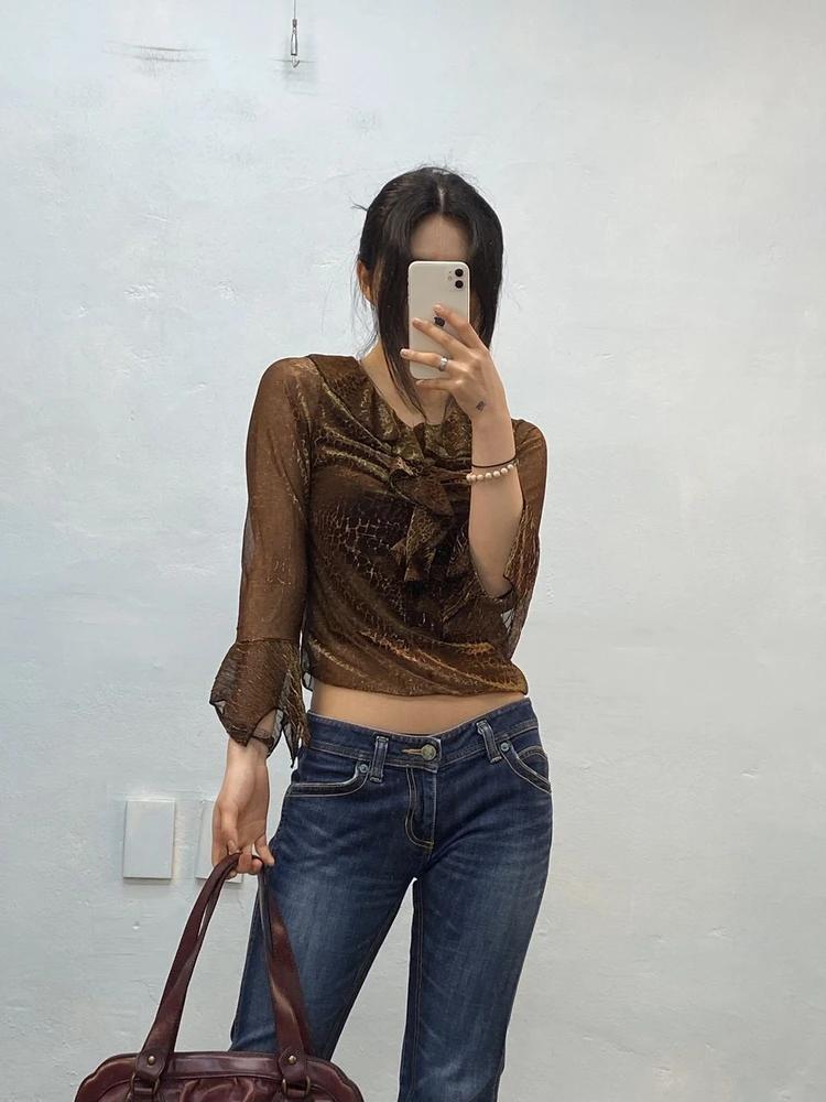 Brown glossy leopard blouse 5