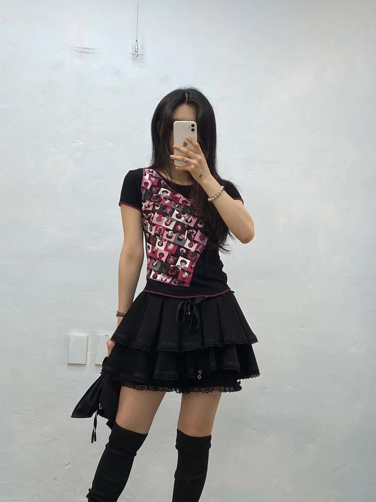 Black and pink portrait print patch top 3