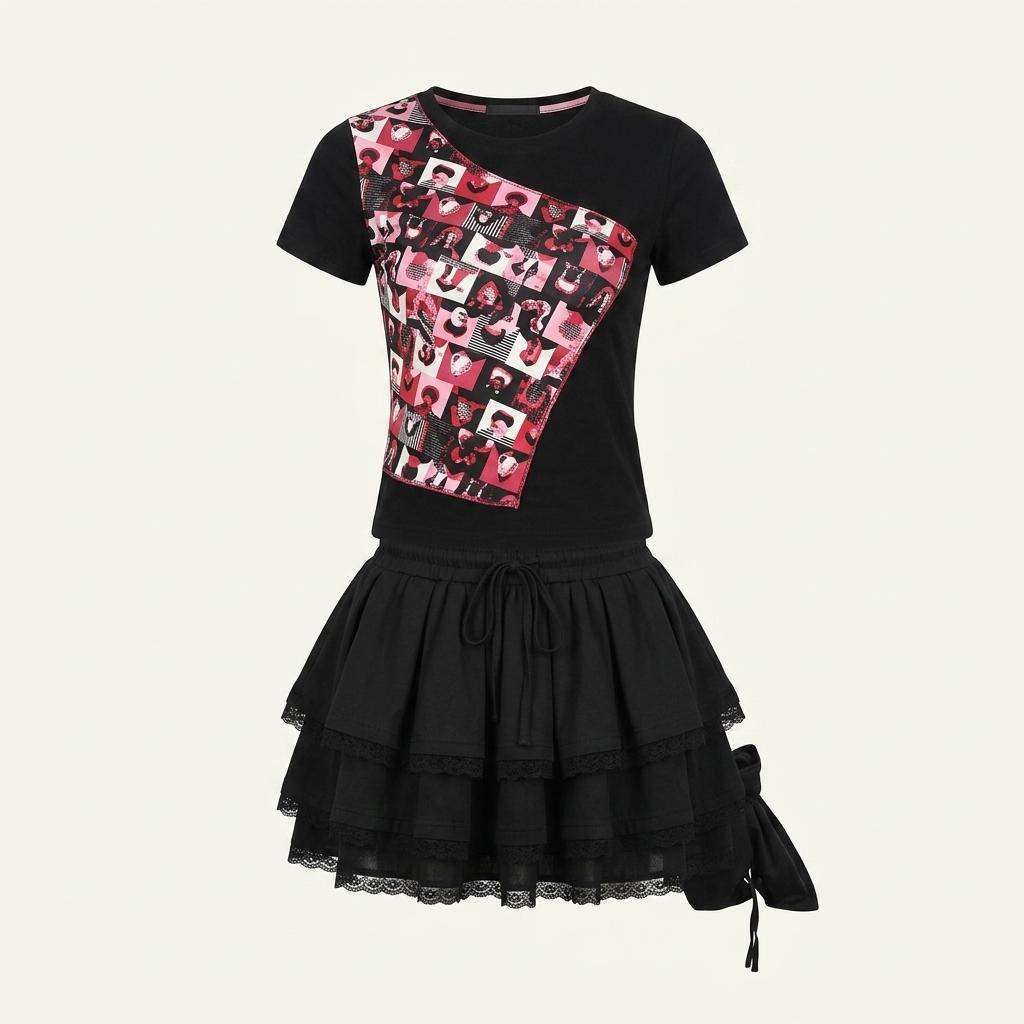 Black and pink portrait print patch top 1