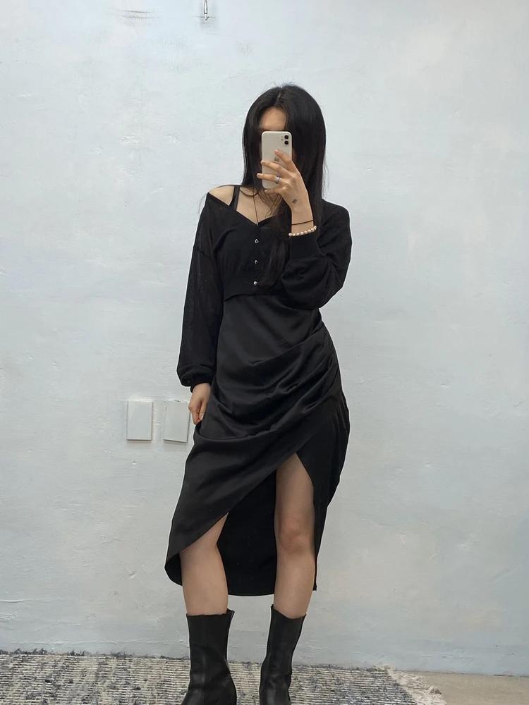 Black satin bustier slip long onepiece# 5
