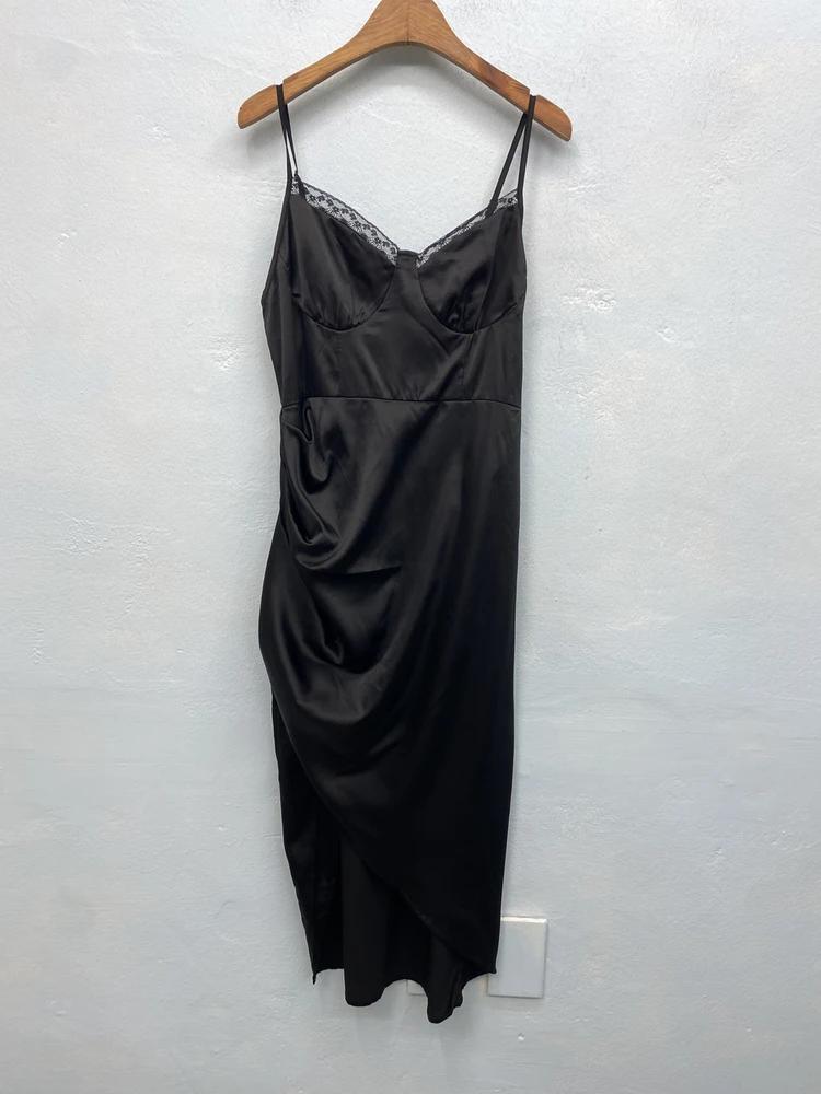 Black satin bustier slip long onepiece# 6