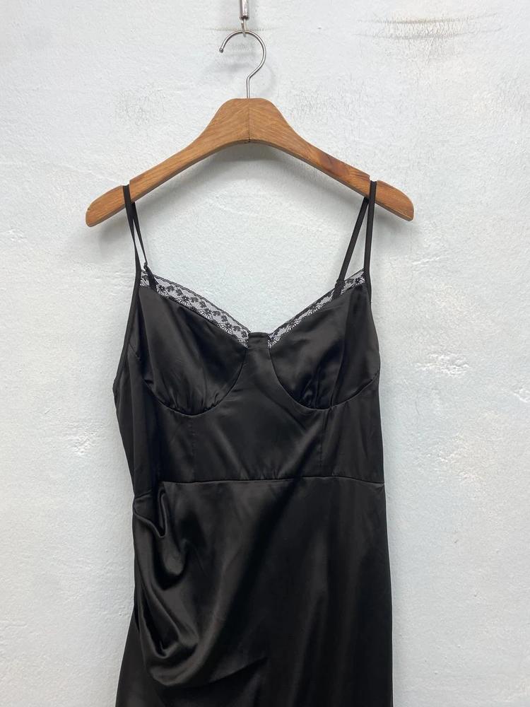 Black satin bustier slip long onepiece# 7