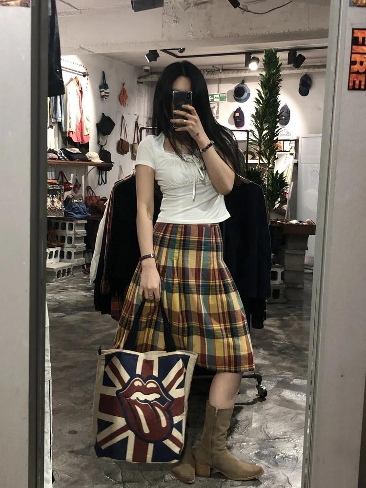 Betty multi color check pattern pleated midi skirt 4