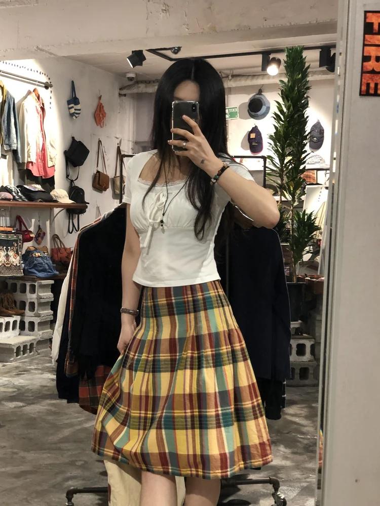 Betty multi color check pattern pleated midi skirt 6