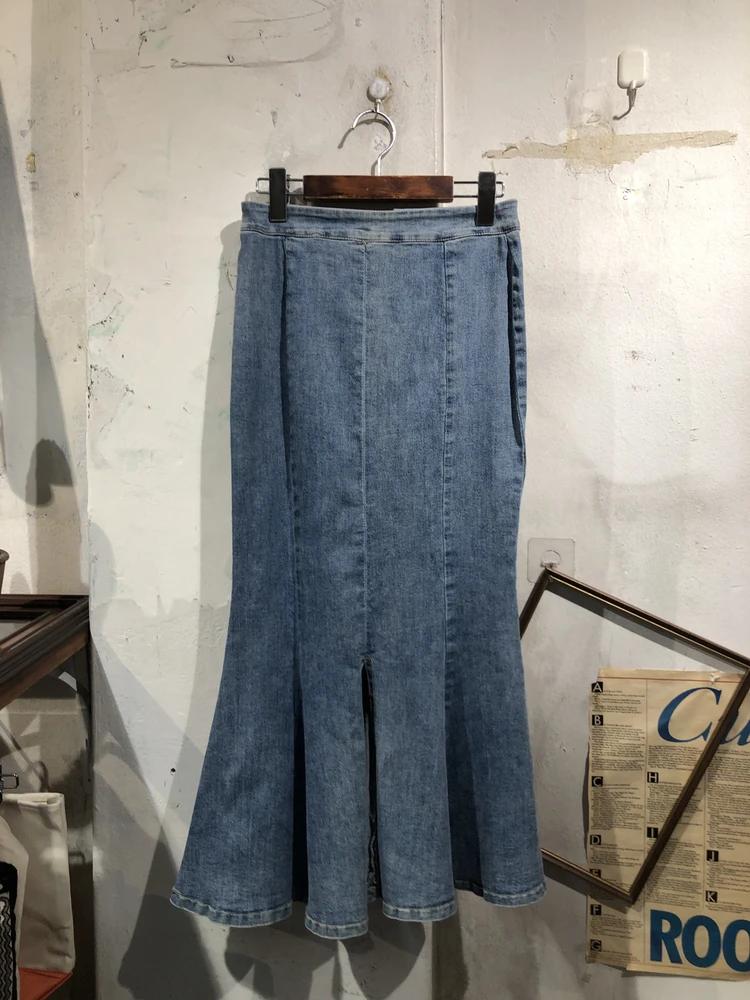 Medium blue denim mermaid long skirt 3