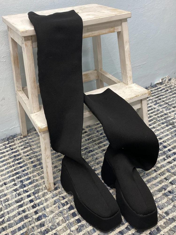 Black platform knee-high sock boots# 11