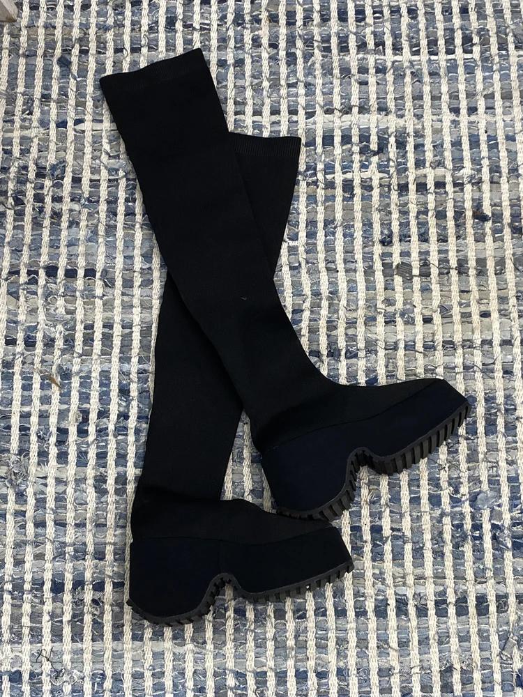 Black platform knee-high sock boots# 7