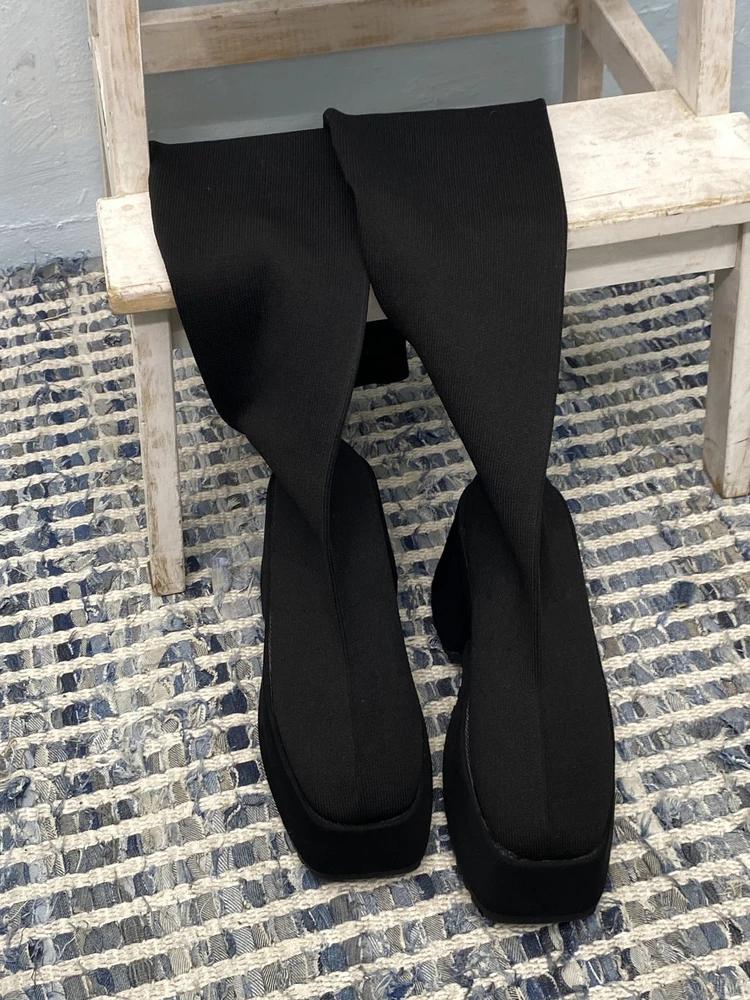 Black platform knee-high sock boots# 8