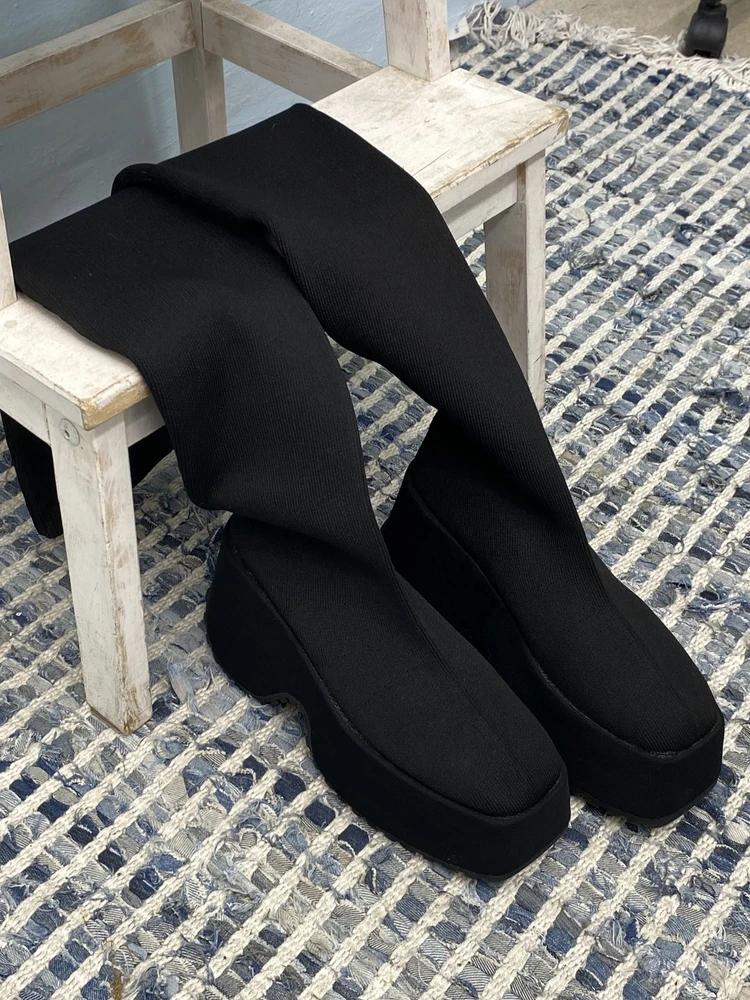 Black platform knee-high sock boots# 10