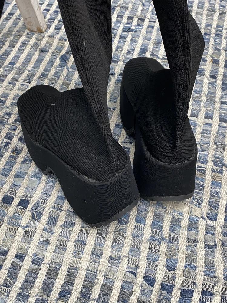 Black platform knee-high sock boots# 9