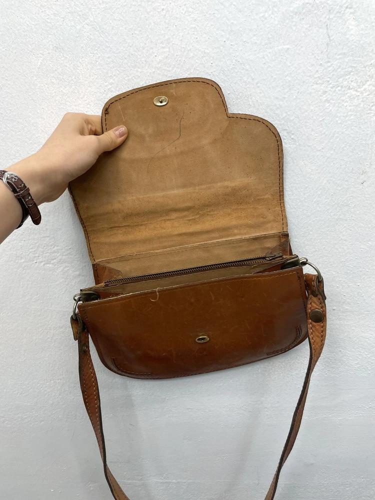 Camel brown leather flap shoulder bag# 7