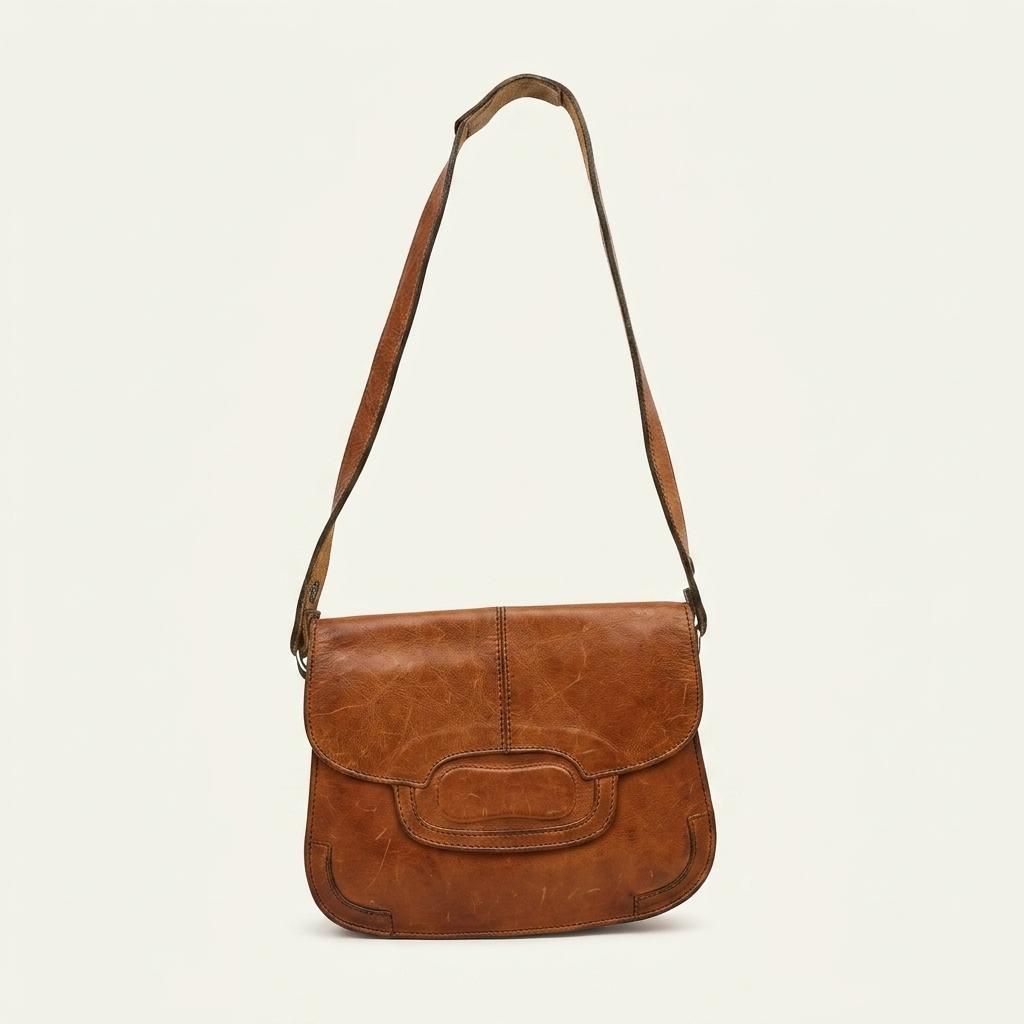 Camel brown leather flap shoulder bag#