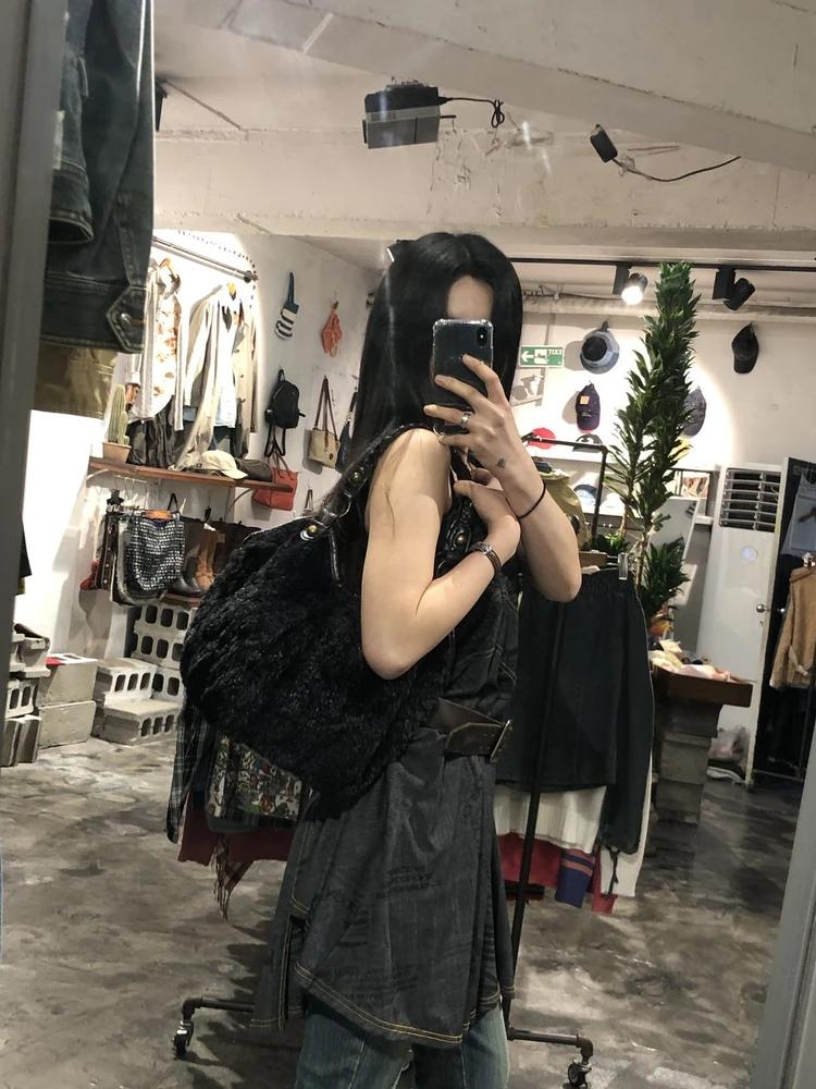 Black fur hobo shoulder bag_to 5