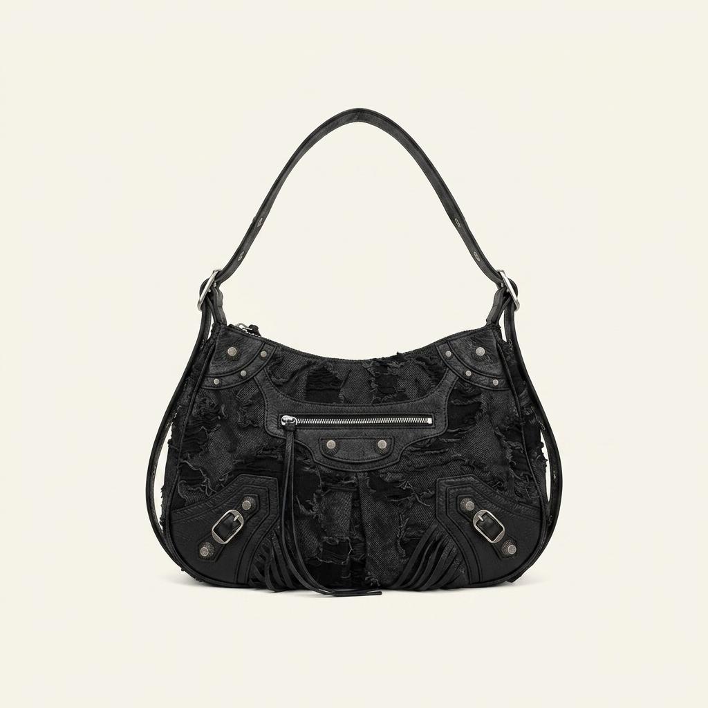 Black fur hobo shoulder bag_to 1