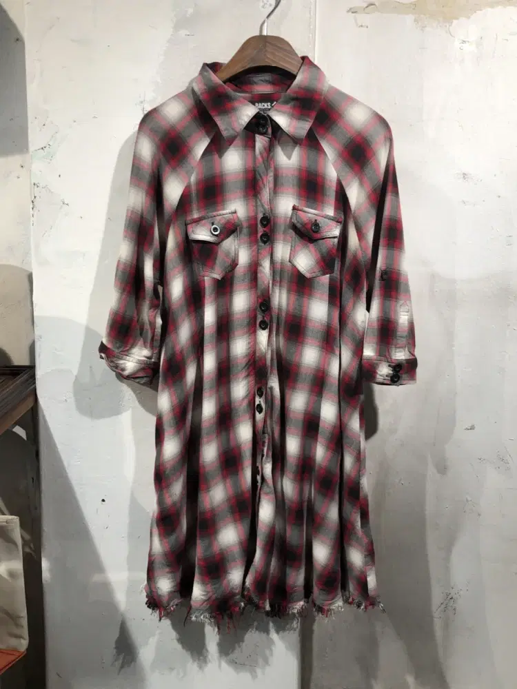 Red&black cut-off hem check shirt dress +to 3