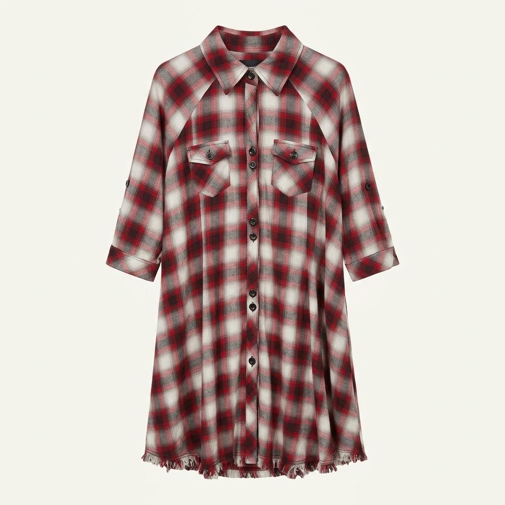 Red&black cut-off hem check shirt dress +to 1