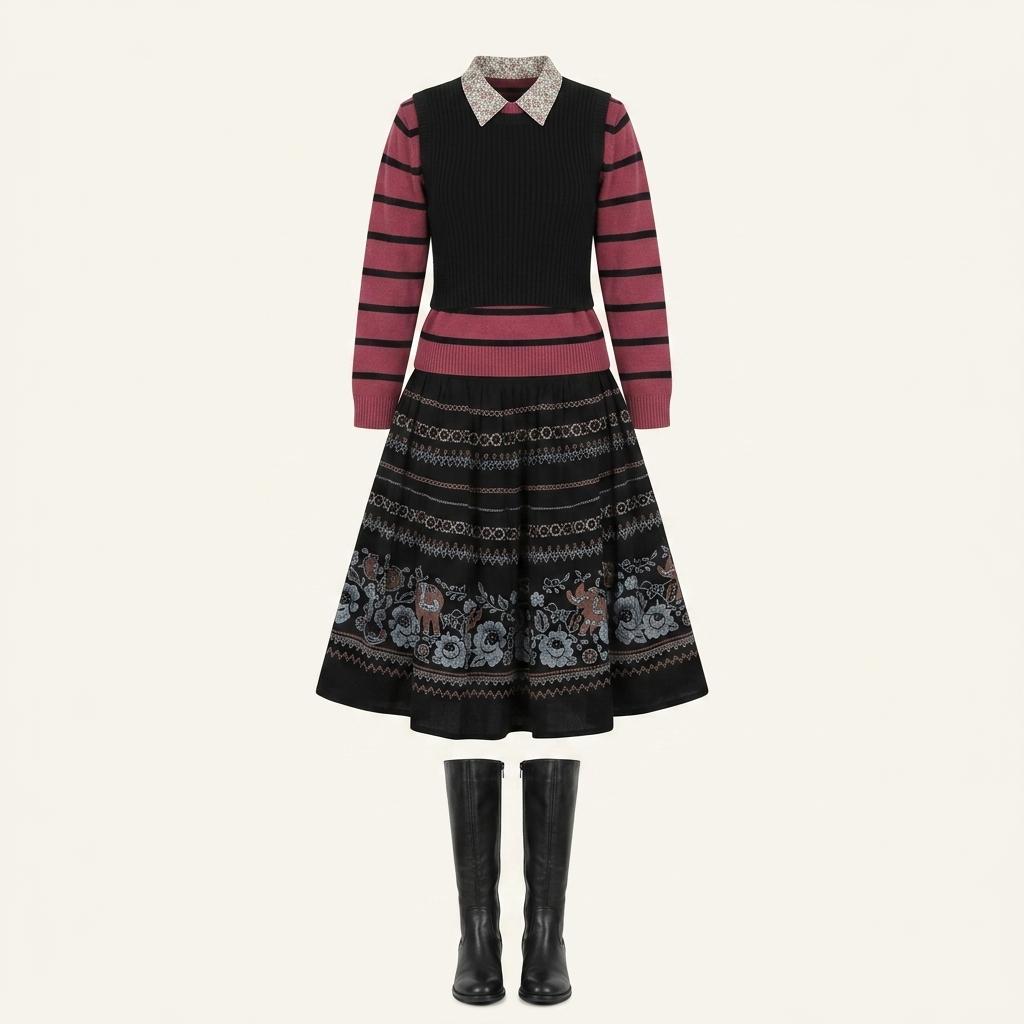 Black patterned midi flared skirt +to 1