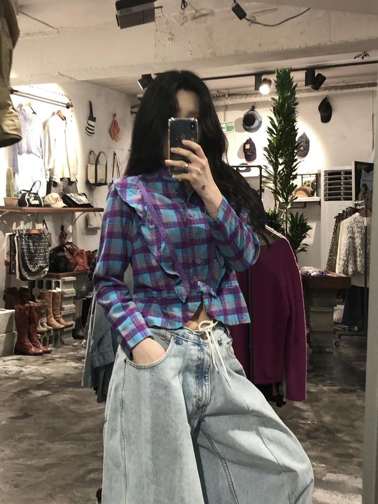 Blue check frilled blouse+to 3