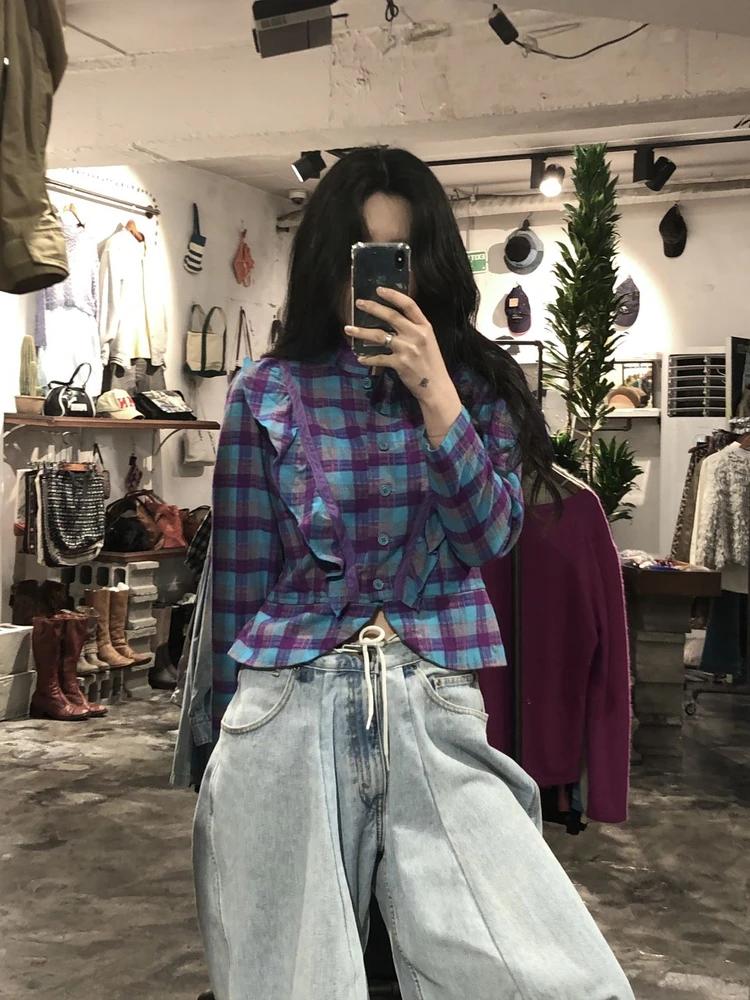 Blue check frilled blouse+to 4