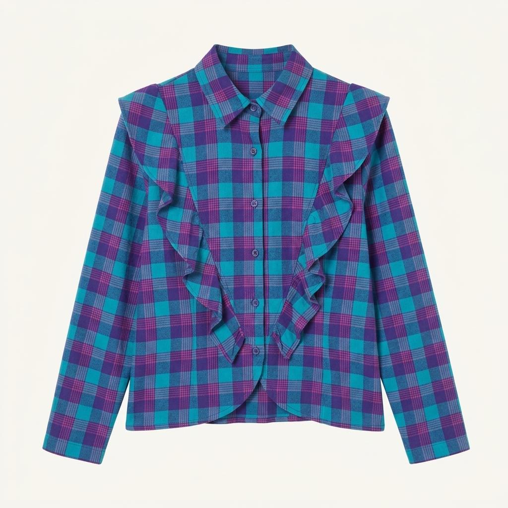 Blue check frilled blouse+to 1