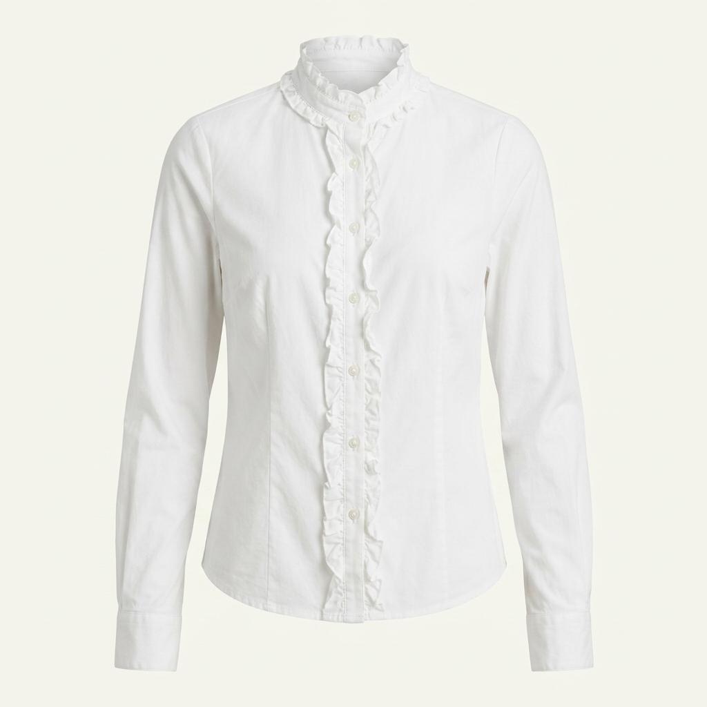 Ruffle-trim button up white blouse +to 1